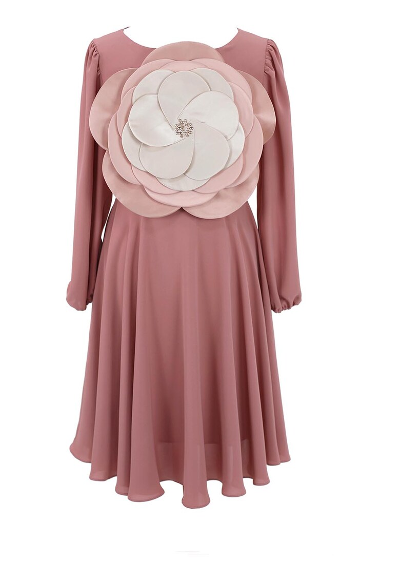 Rochie mini evazata cu aplicatie florala - Roz prafuit