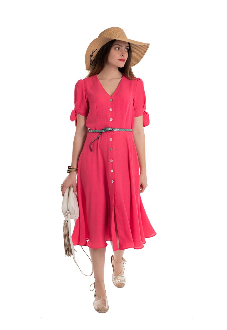 Rochie cu decolteu in V - nasturi si model floral Roza