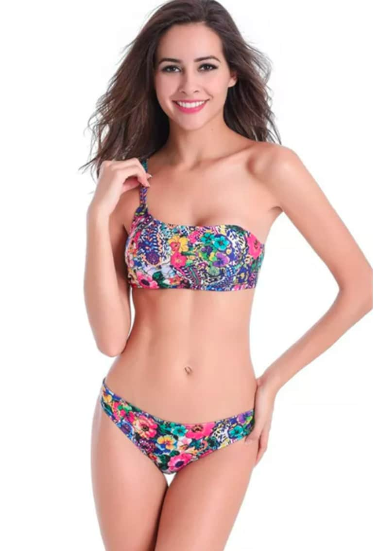 Costum de baie dama - 2 piese - cu imprimeu floral - chilot clasic si sutien tip bustiera cu prindere pe un umar - EFAYN