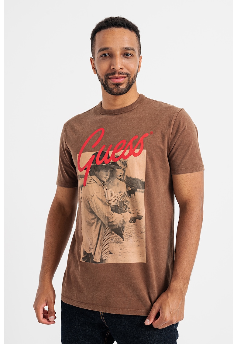 Guess Tricou cu logo si imprimeu foto - Rosu/Maro