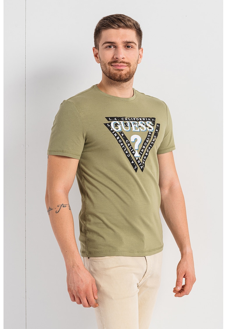 Guess Tricou slim fit cu imprimeu logo contrastant pe piept - Alb/Negru/Verde aquamarin