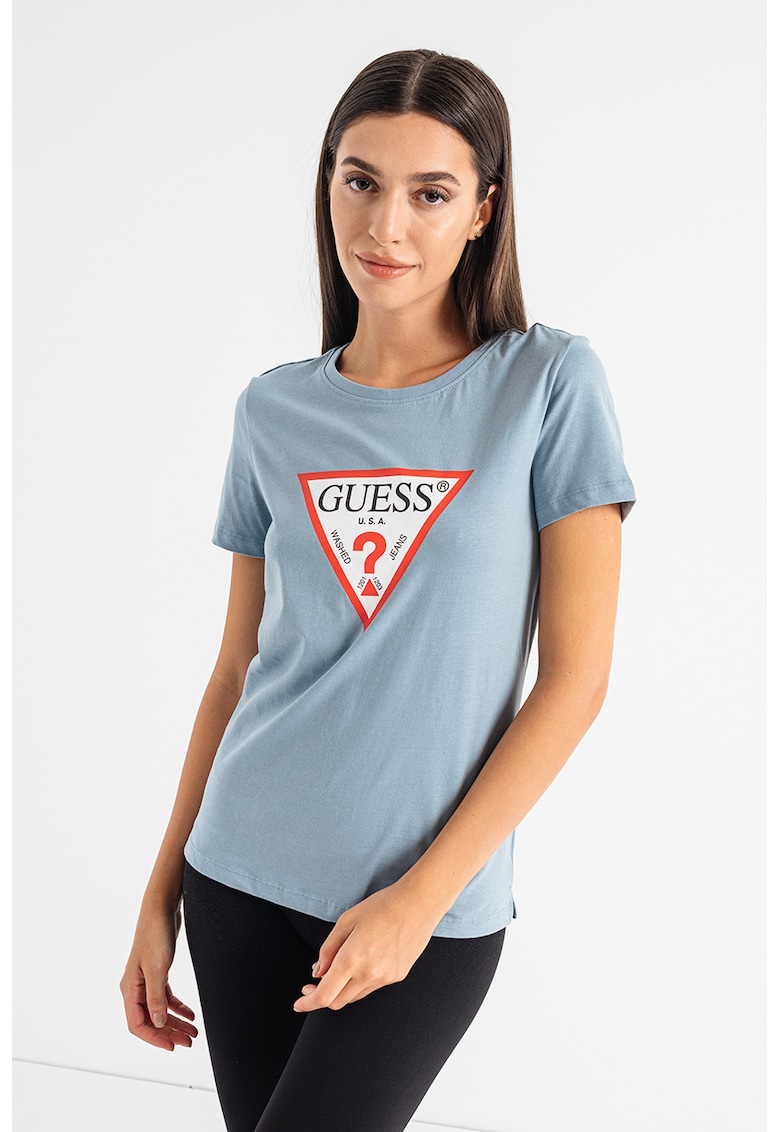 Guess Tricou de bumbac cu imprimeu logo - Alb/Albastru pastel