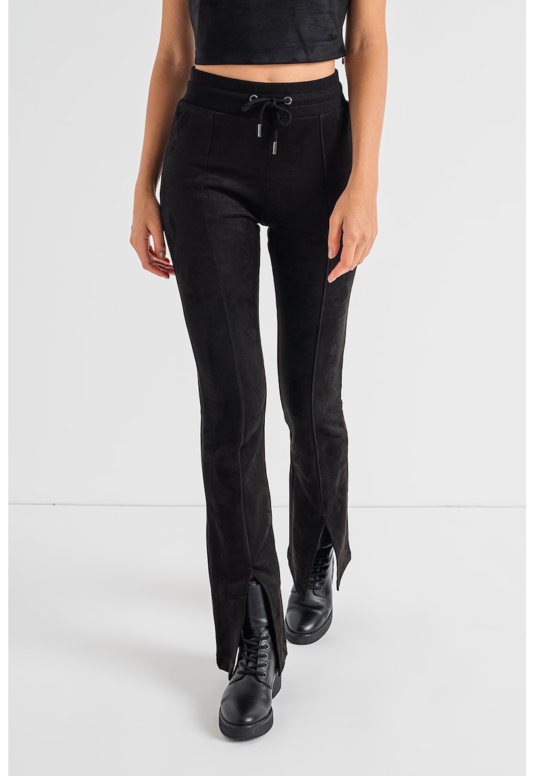 Pantaloni cu talie inalta de piele intoarsa sintetica - Negru