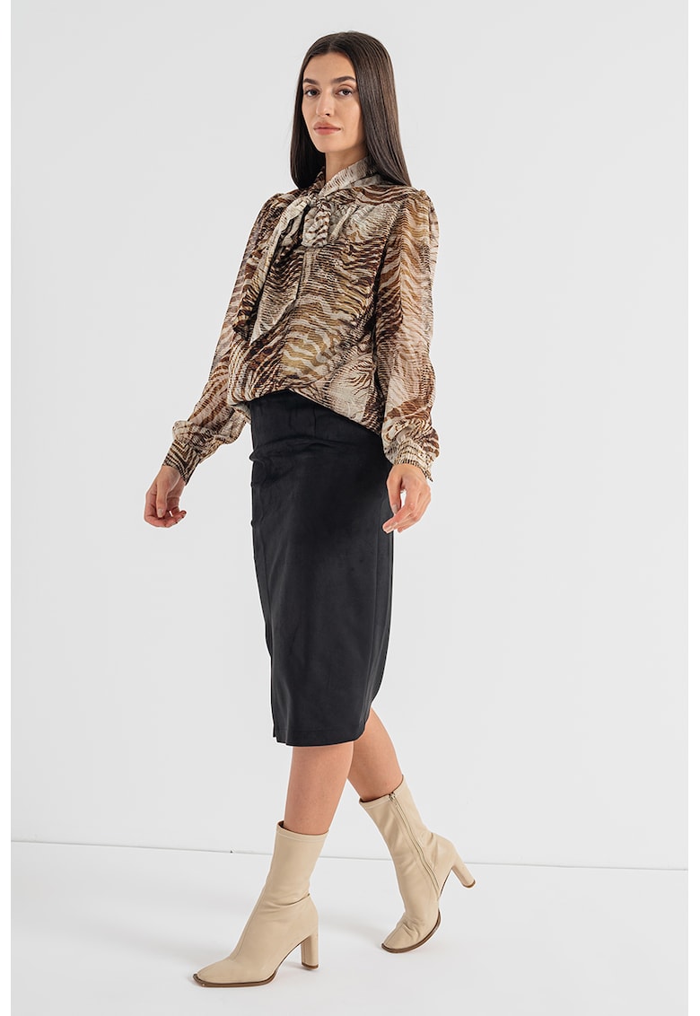 Bluza cu animal print si guler cu funda din panglici - Maro scortisoara/Maro nisip
