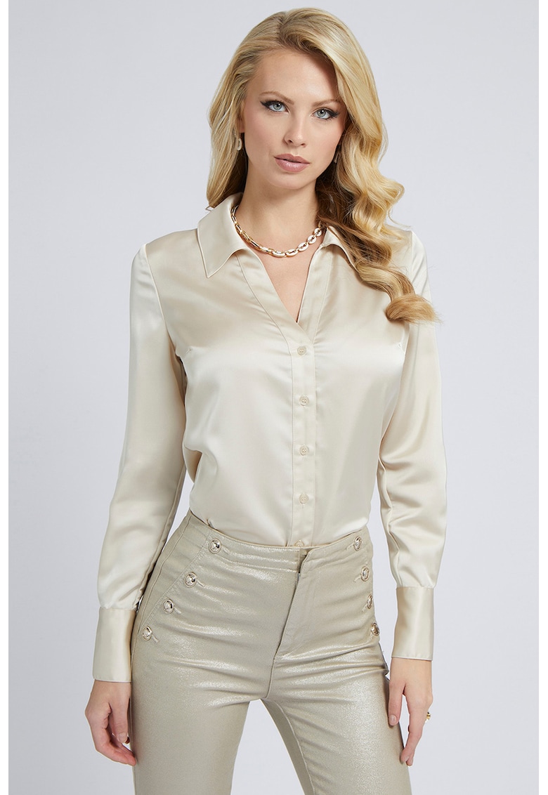 Camasa de satin cu cordon in talie - Alb fildes