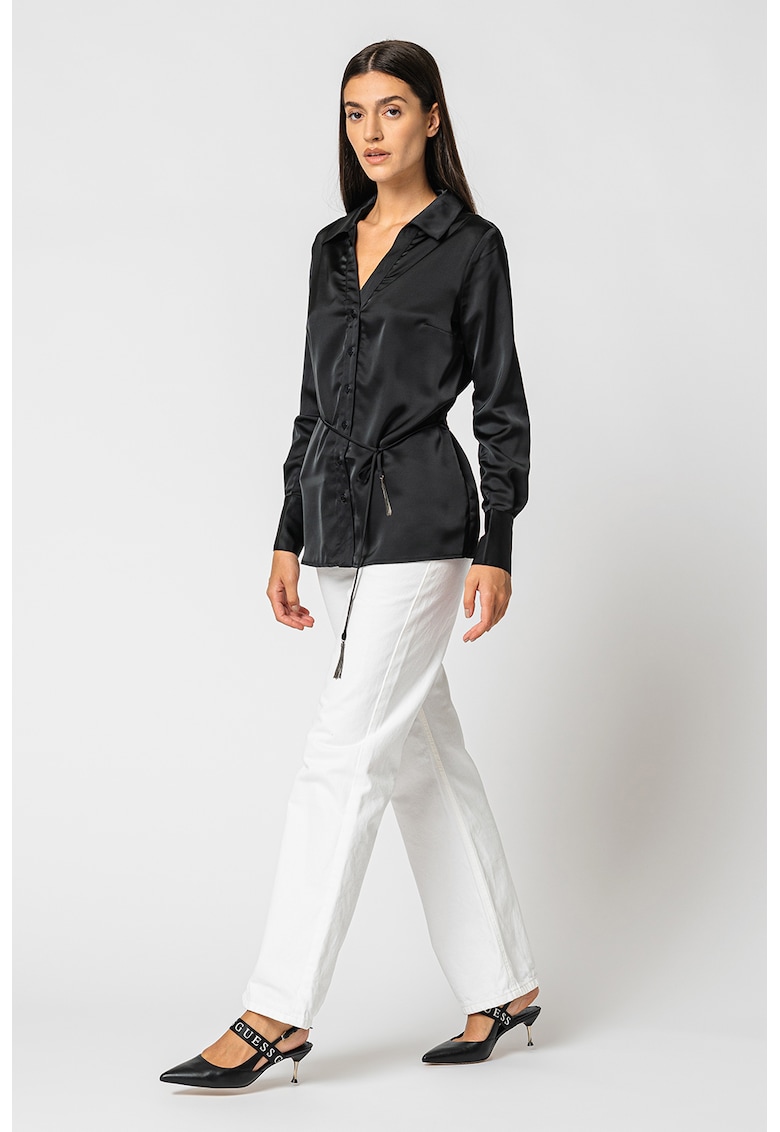 Camasa de satin cu cordon in talie - Negru