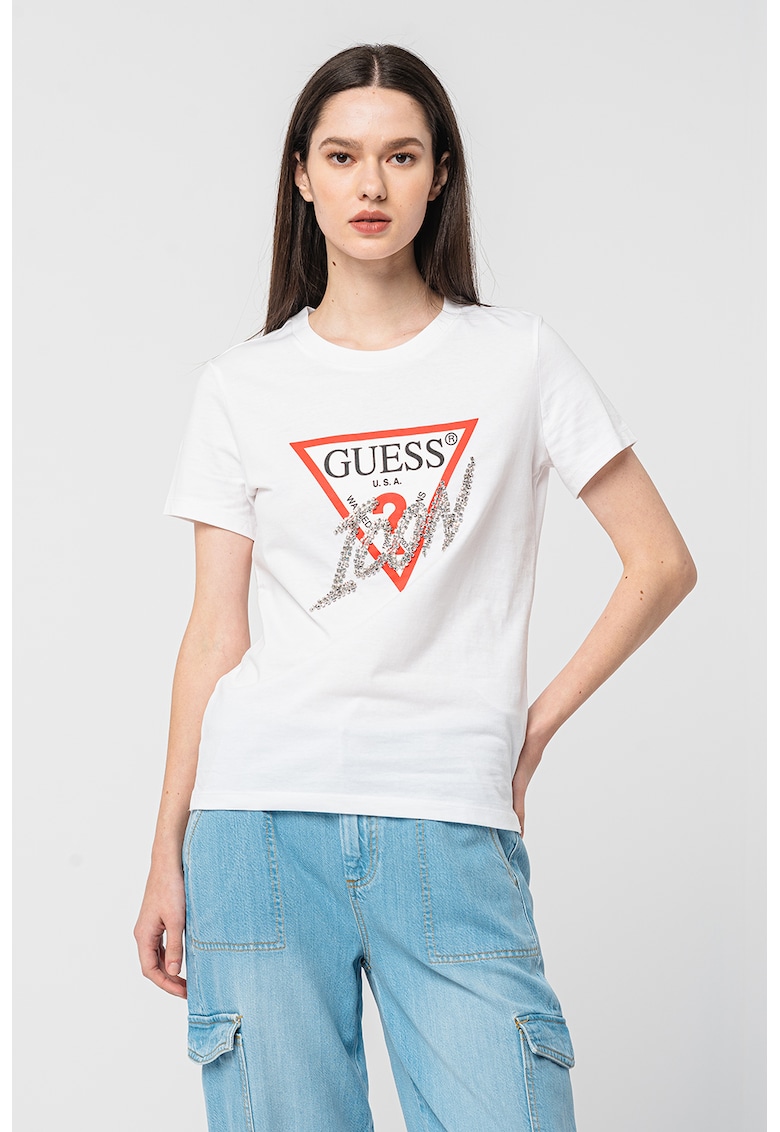 Guess Tricou cu aplicatie logo cu strasuri - Rosu/Alb