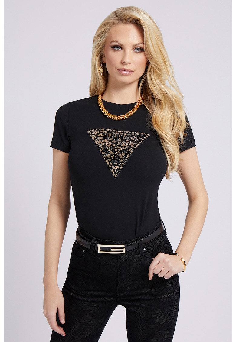 Tricou cu decolteu la baza gatului si imprimeu - Auriu/Negru