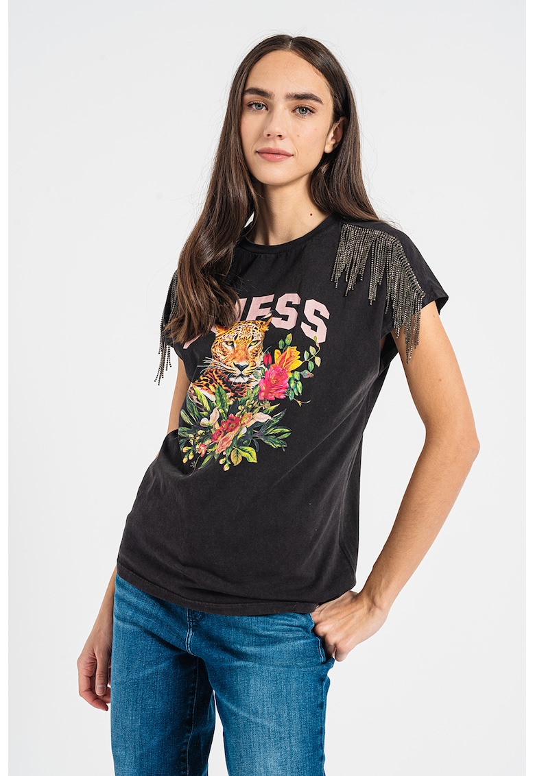 Tricou cu aplicatii cu franjuri si strasuri - Negru stins/Roz