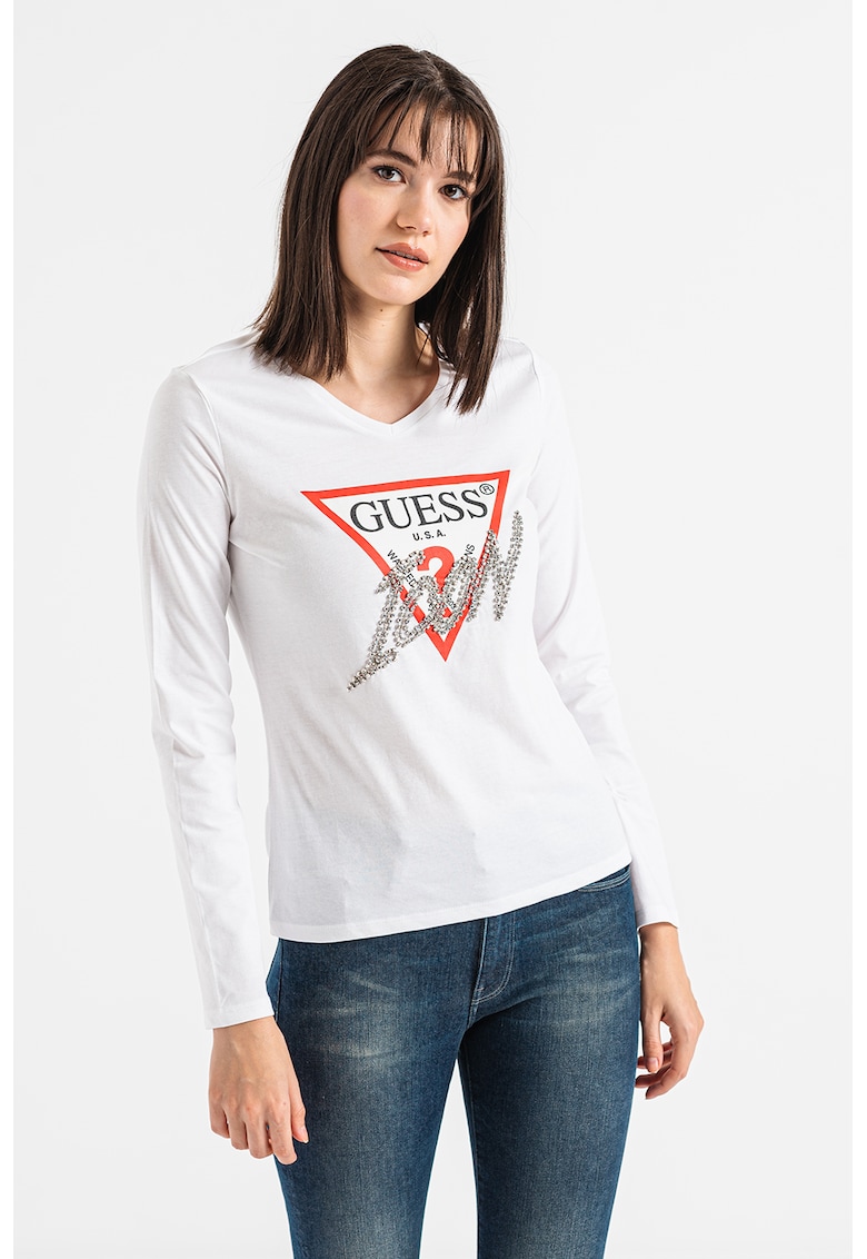 Bluza cu imprimeu logo si decorata cu strasuri - Alb/Argintiu