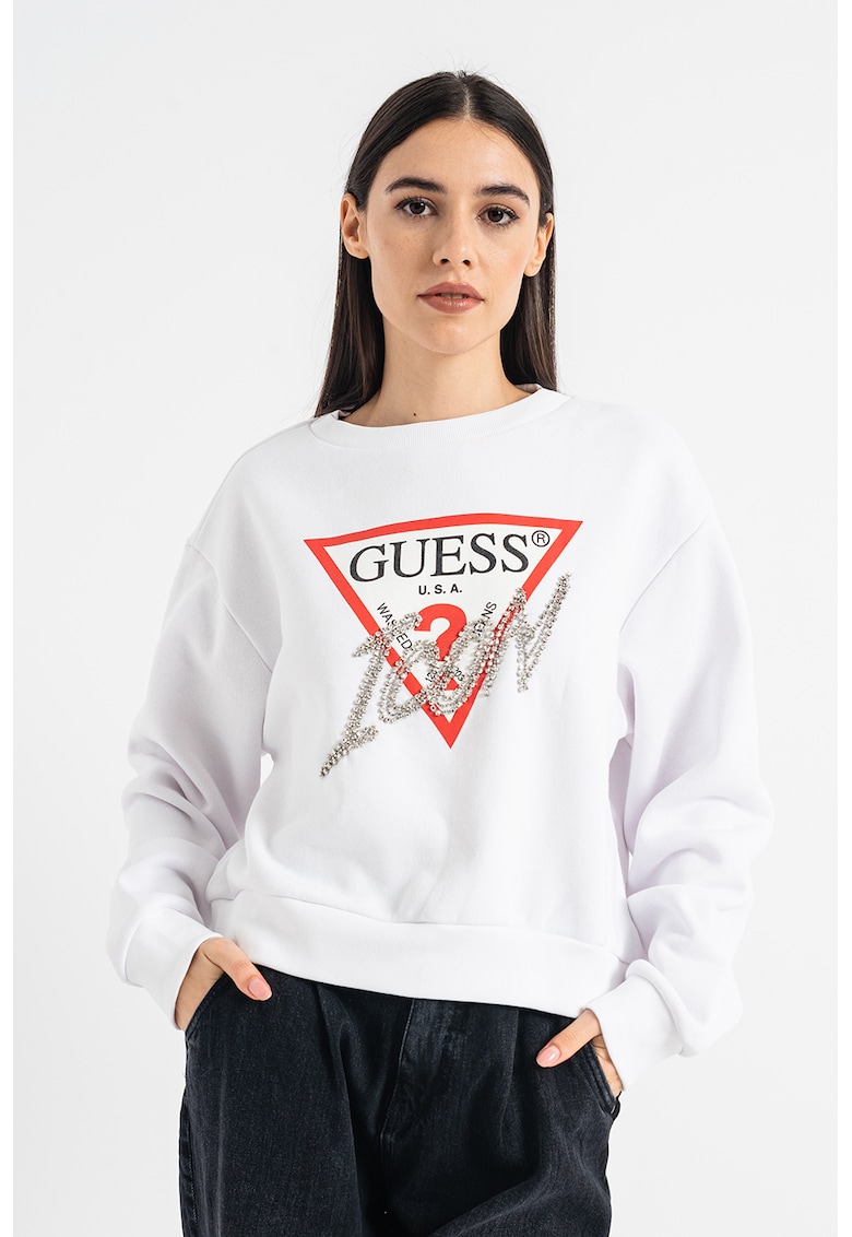 Guess Bluza sport cu logo din strasuri - Alb