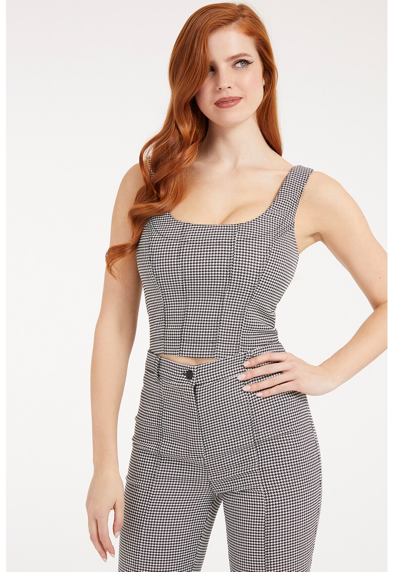 Top crop cu model houndstooth - Alb/Negru