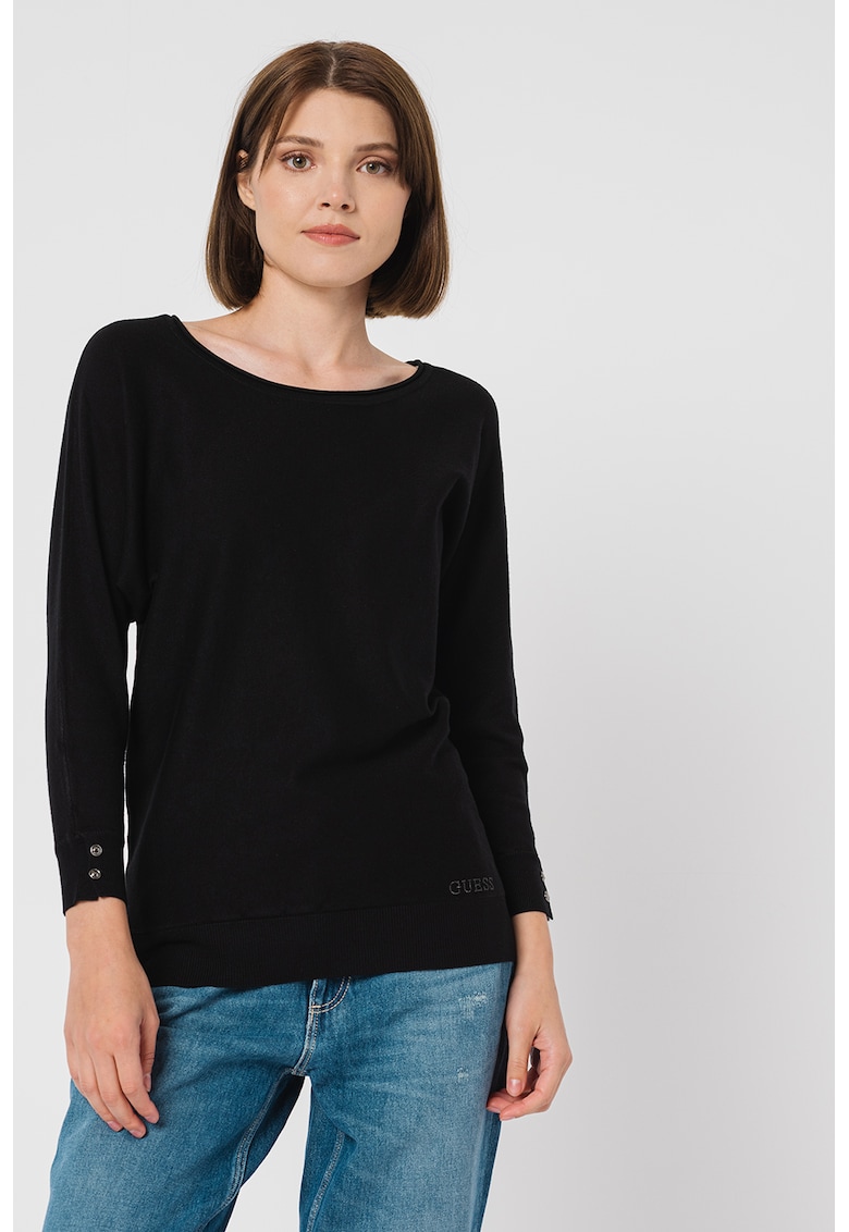 Pulover tricotat fin cu decolteu rotund - Negru