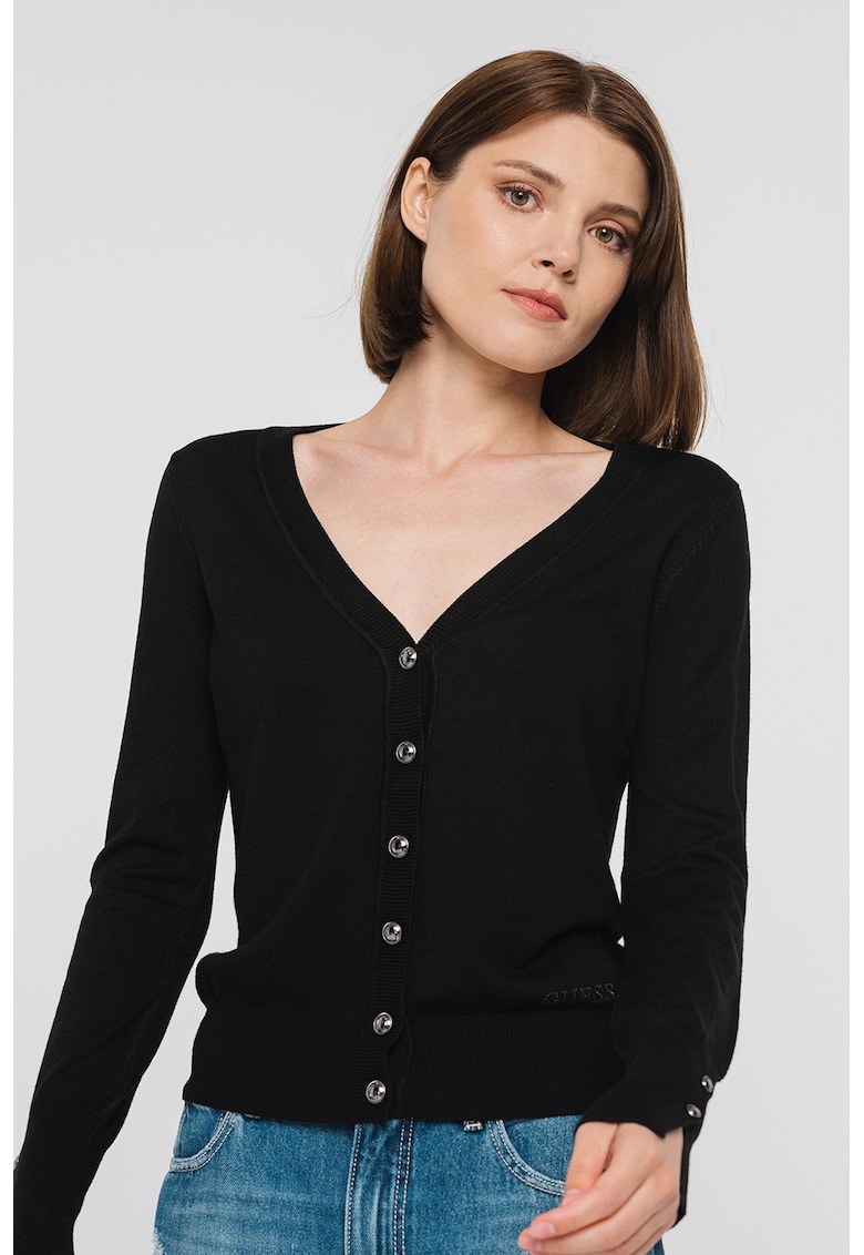 Cardigan tricotat fin cu decolteu in V - Negru