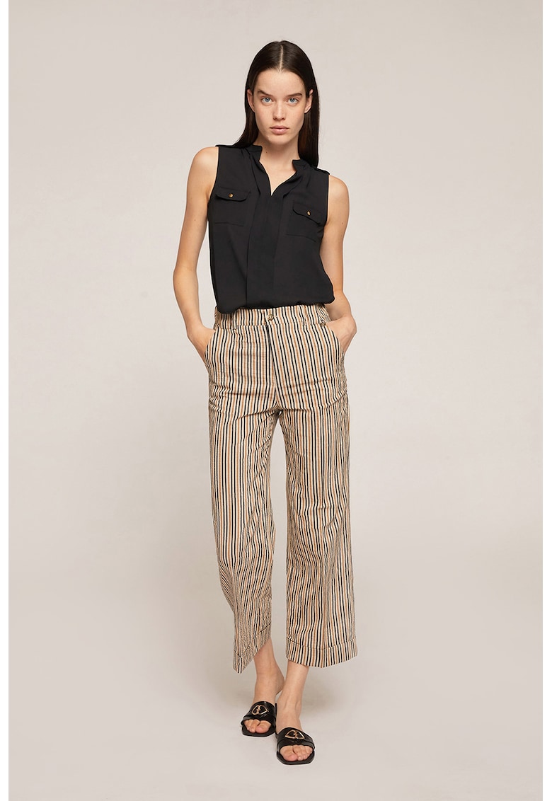 Pantaloni crop din amestec de in cu dungi