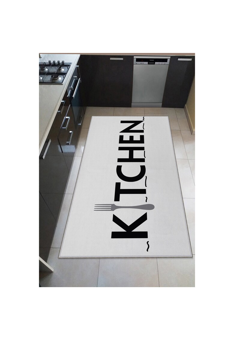Covor de bucatarie kitchen poliester - print digital - spate antiderapant - alb/negru