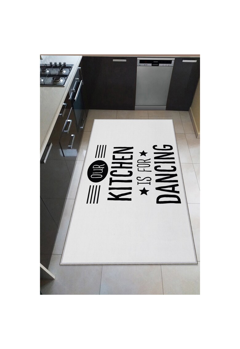 Oyo Home Covor de bucatarie dancing poliester - print digital - spate antiderapant - alb/negru