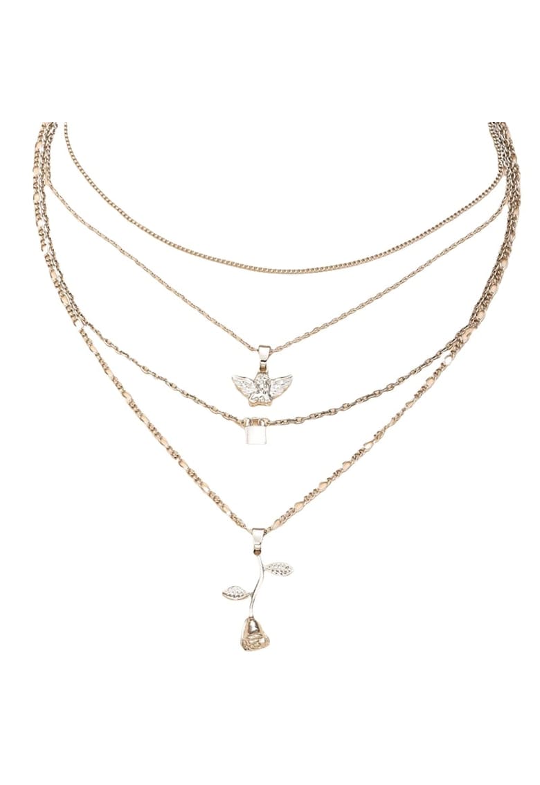 Colier in 4 straturi - argintiu - cu inger si trandafir - Floria C26 -