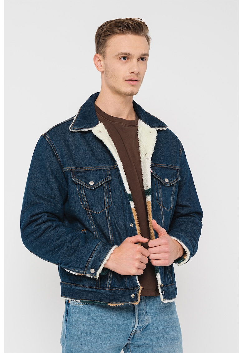Jacheta de denim cu captuseala din blana shearling sintetica - Bleumarin