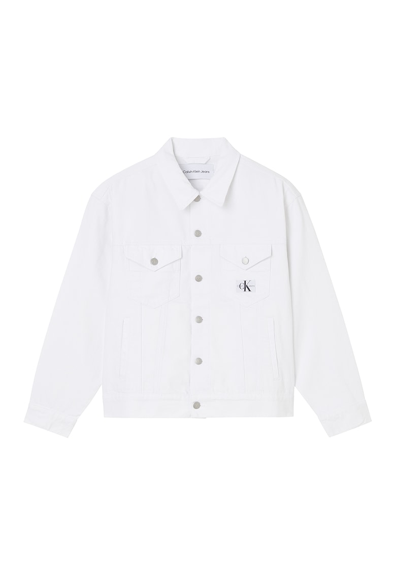 Jacheta din denim cu buzunare pe piept - Alb