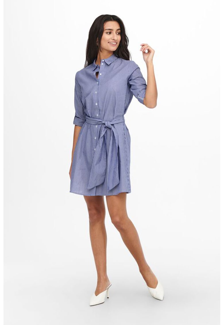 Rochie-camasa in dungi - cu un cordon - Alb/Albastru inchis