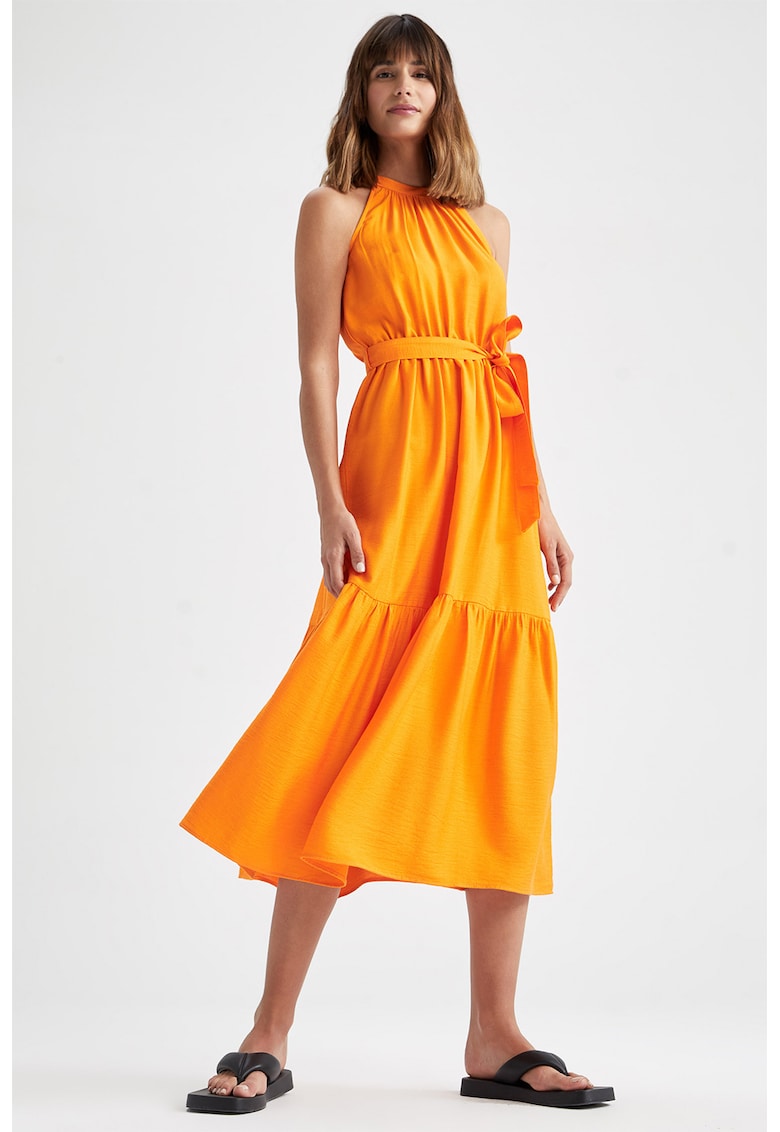 Rochie midi cu model stratificat si cordon