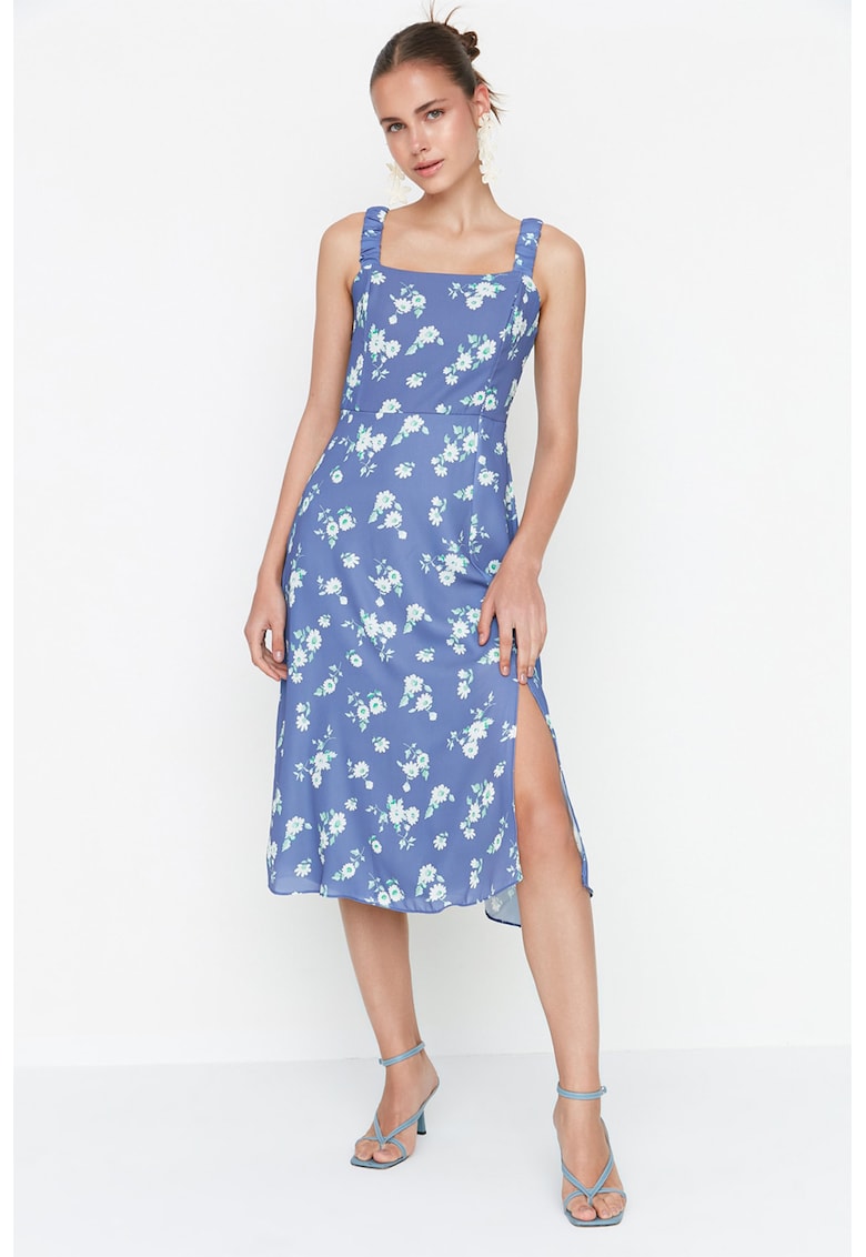 Rochie cu model floral si decolteu patrat - Alb/Verde/Albastru indigo