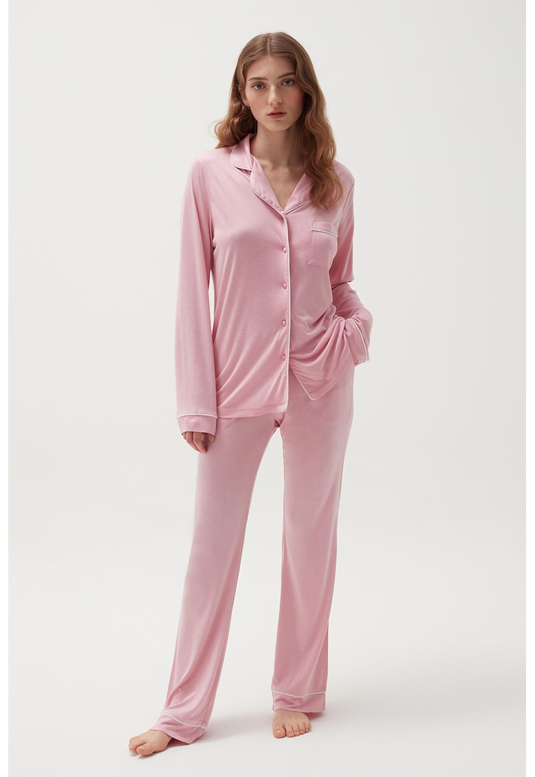 Pantaloni de pijama cu talie inalta si margini contrastante baie imagine noua