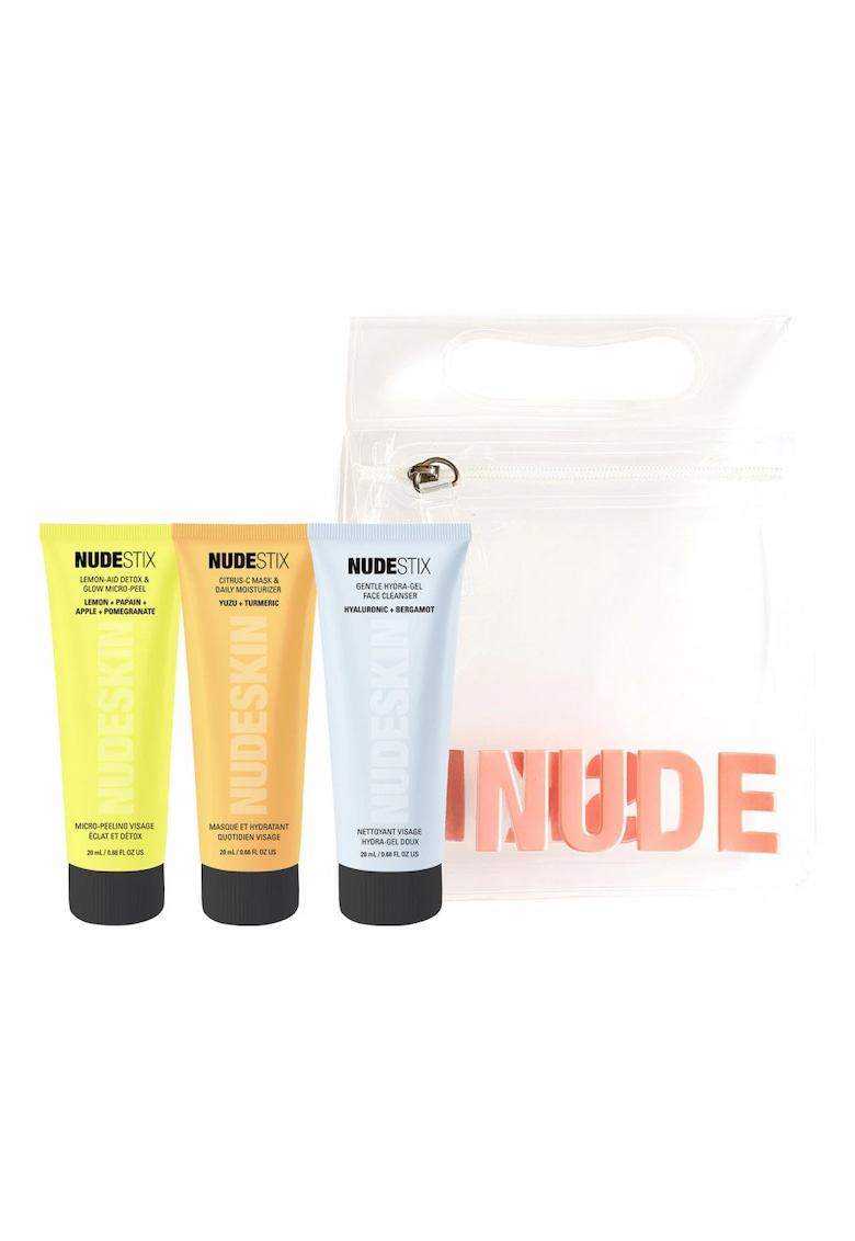 Set pentru Ingrijirea tenului sensibil - Citrus Skin Renewal - Gel demachiant pentru piele si ochi sensibili - 20 ml - Exfoliant iluminator facial - 20 ml - Crema de fata hidratanta ziua si noaptea - 20 ml - Geanta de cosmetice