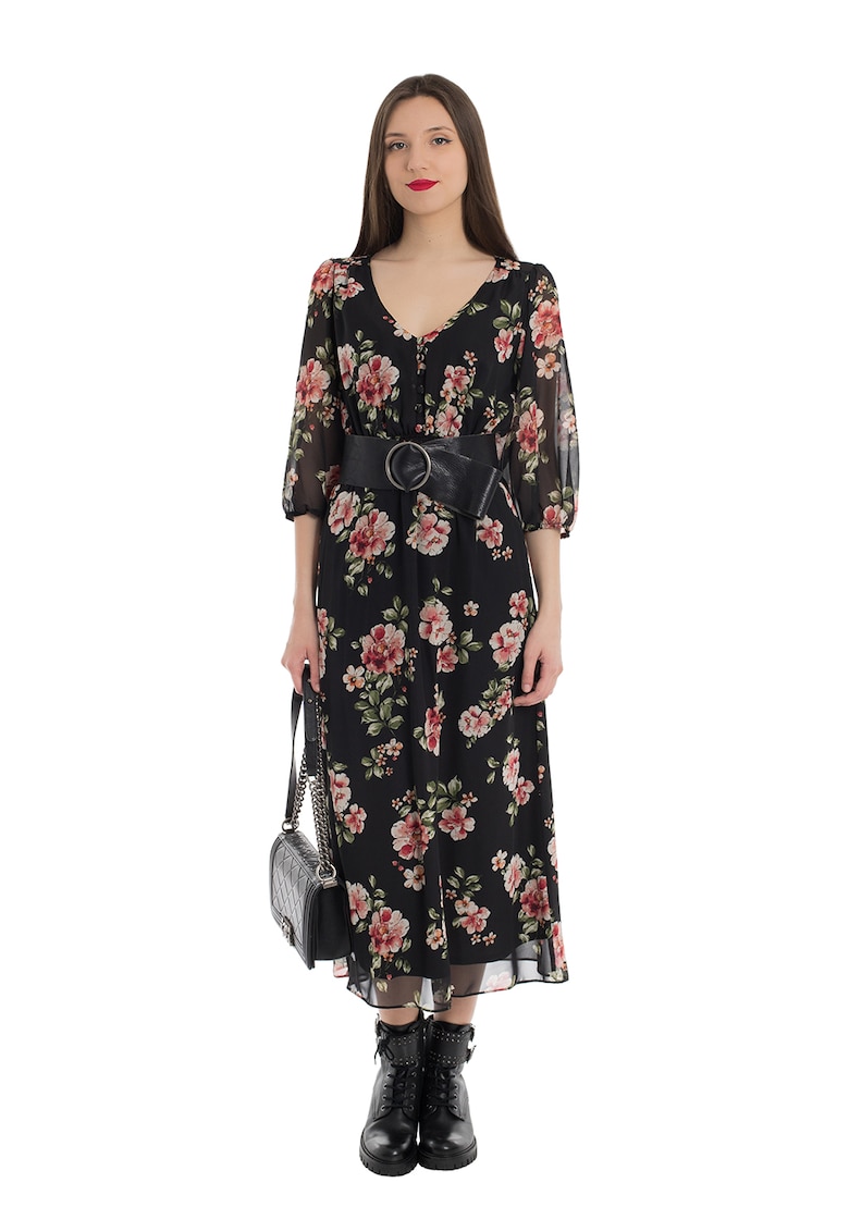 Rochie midi cu decolteu in V si imprimeu floral Linda