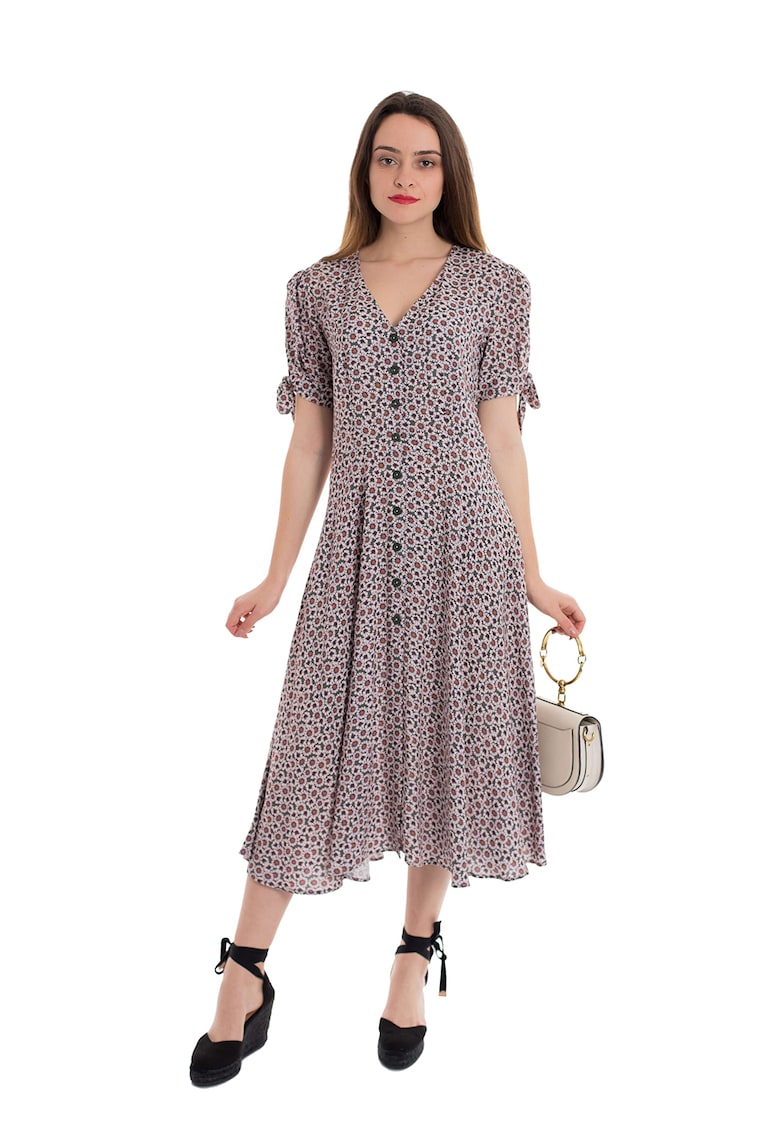 Rochie cu decolteu in V - nasturi si model floral Roza