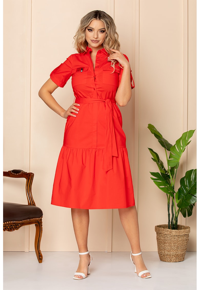 Rochie-camasa cu buzunare aplicate pe piept - Rosu