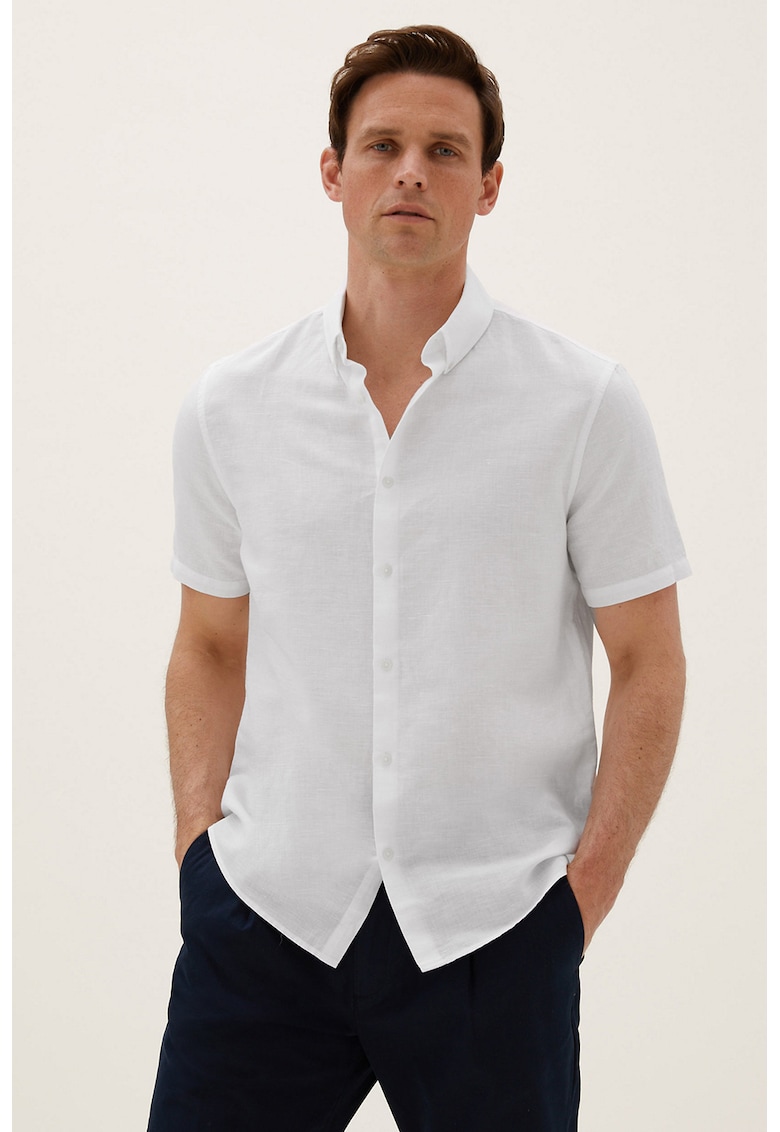 Camasa din amestec de in si bumbac cu maneci scurte - Alb