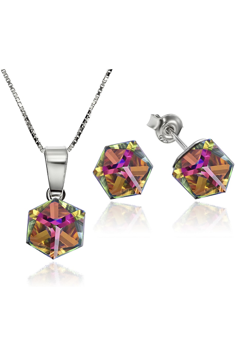 Set Argint 925 placat cu rodiu cu cristale Swarovski® Cubic 6mm - Vitrail Medium - Surub + Lant