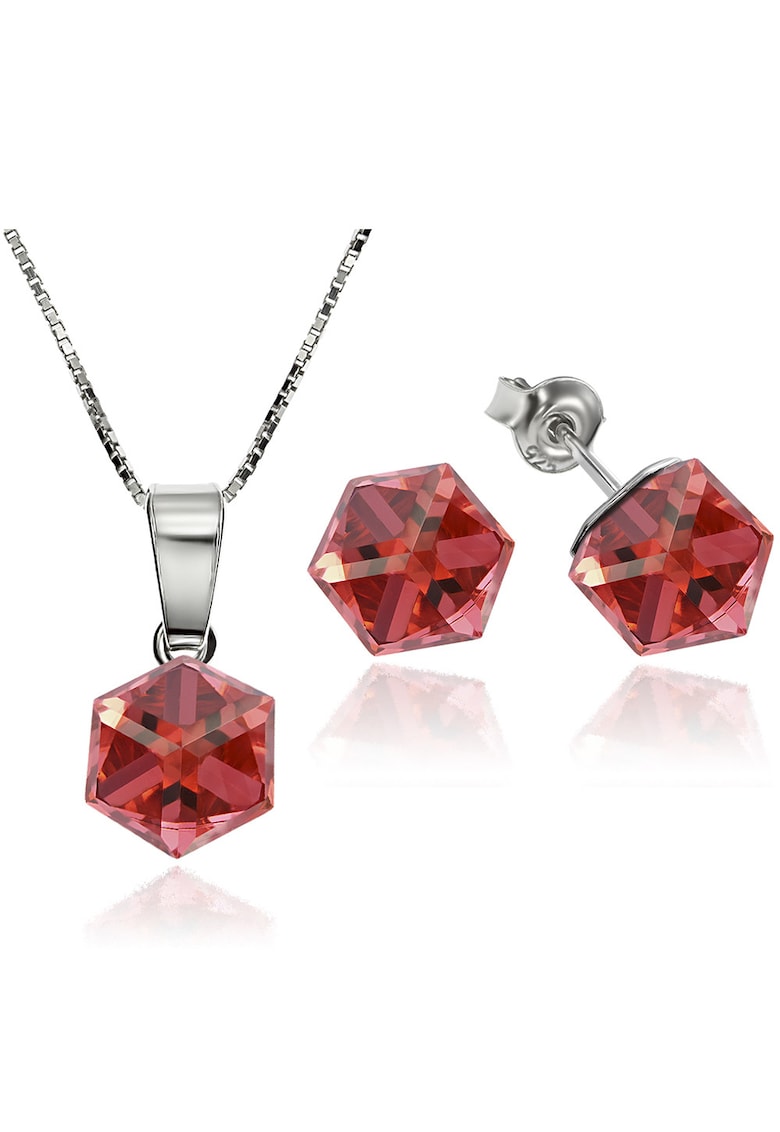 Set Argint 925 placat cu rodiu cu cristale Swarovski® Cubic 6mm - Surub + Lant - Rosu/Portocaliu