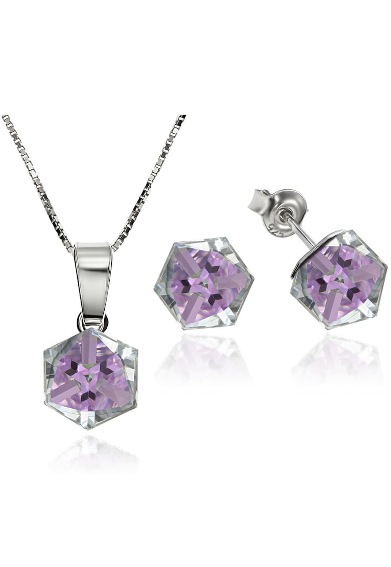 Set Argint 925 placat cu rodiu cu cristale Swarovski® Cubic 6mm - Surub + Lant - Violet/Multicolor
