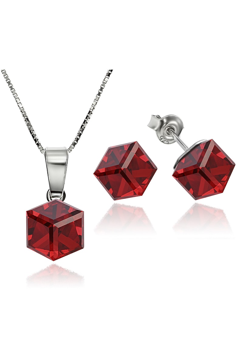 Set Argint 925 placat cu rodiu cu cristale Swarovski® Cubic 6mm - Surub + Lant - Rosu