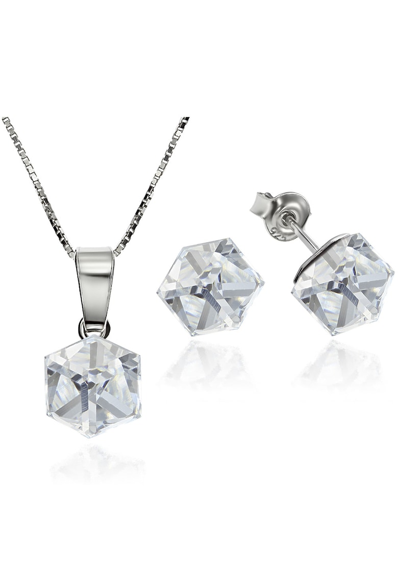 Set Argint 925 placat cu rodiu cu cristale Swarovski® Cubic 6mm - Surub + Lant - Alb