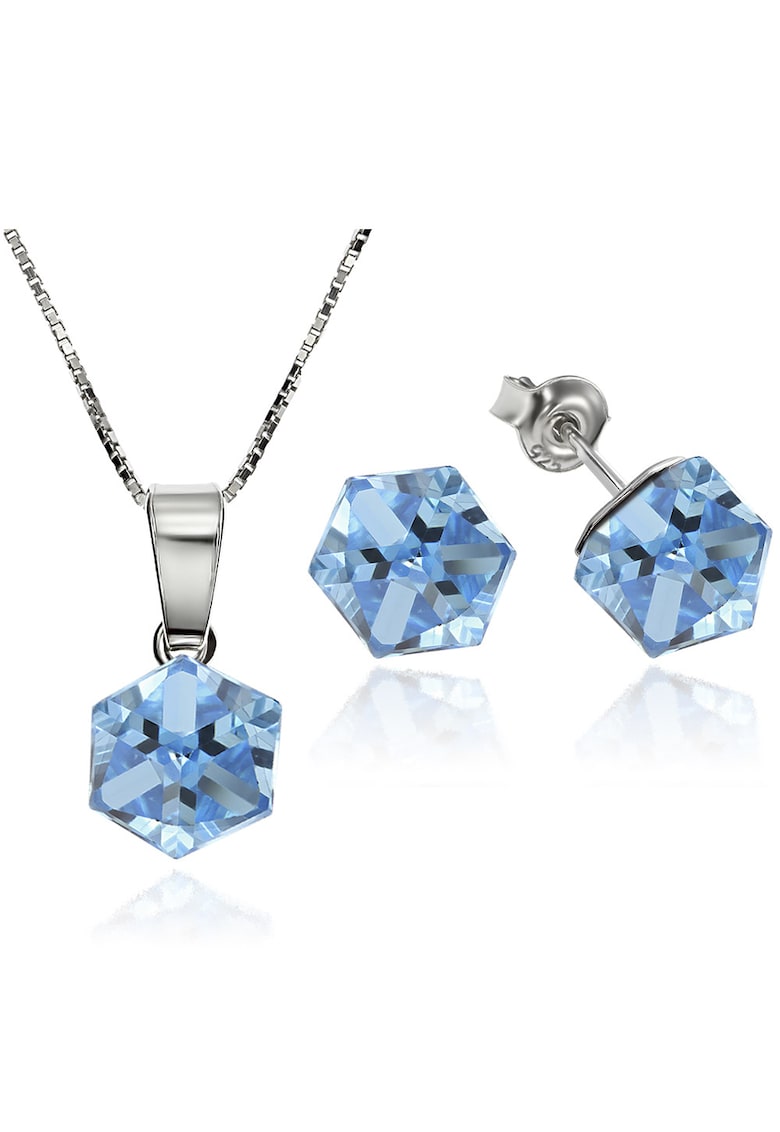 Set Argint 925 placat cu rodiu cu cristale Swarovski® Cubic 6mm - Surub + Lant - Albastru deschis