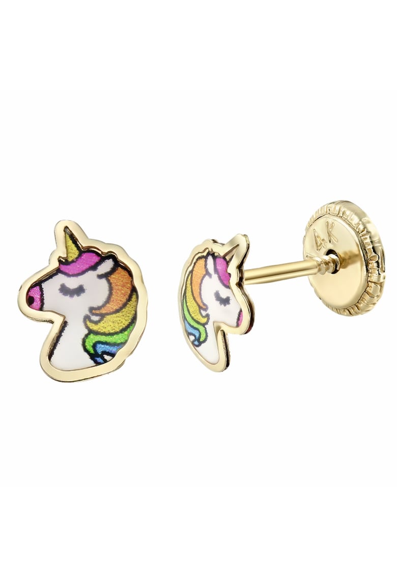 Cercei din aur - unicorni pentru fete - inchidere cu protectie - Galben