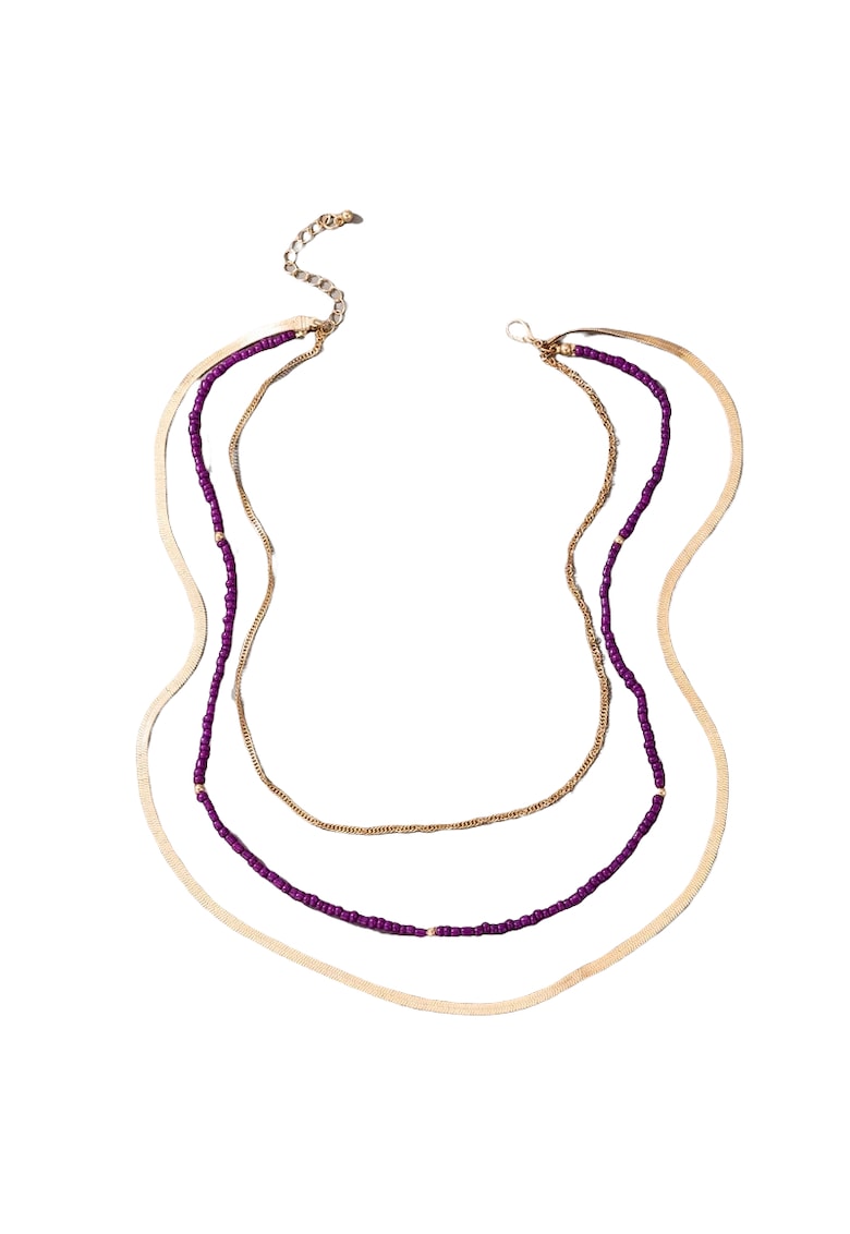 Colier auriu - in 3 straturi - cu margelute mov - Maidis C29 -