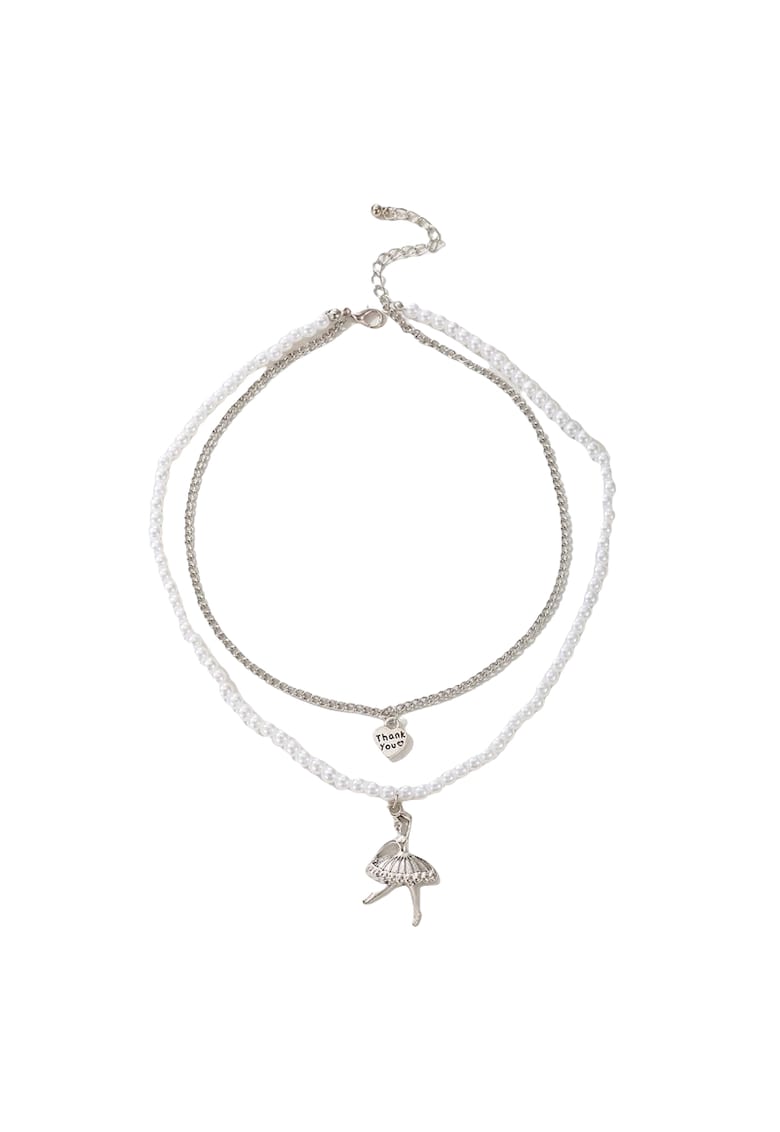 Colier argintiu - in 2 straturi - cu perle si balerina - Maia C29 -
