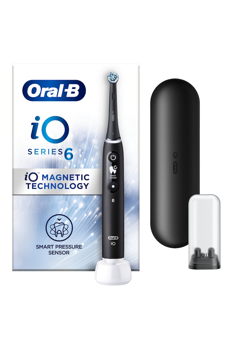 Periuta de dinti electrica iO6 cu Tehnologie Magnetica si Micro-Vibratii - Inteligenta artificiala - Display led interactiv - Senzor de presiune Smart - Timer vizibil - 5 moduri - 1 capat - Trusa de calatorie - Negru