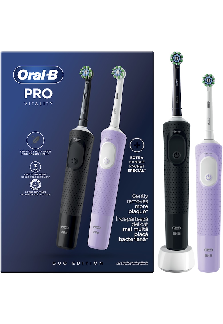 Set 2 x Periuta de dinti electrica Vitality Pro - Curatare 2D - 3 programe - 1 Incarcator - 2 Capete - Negru/Violet