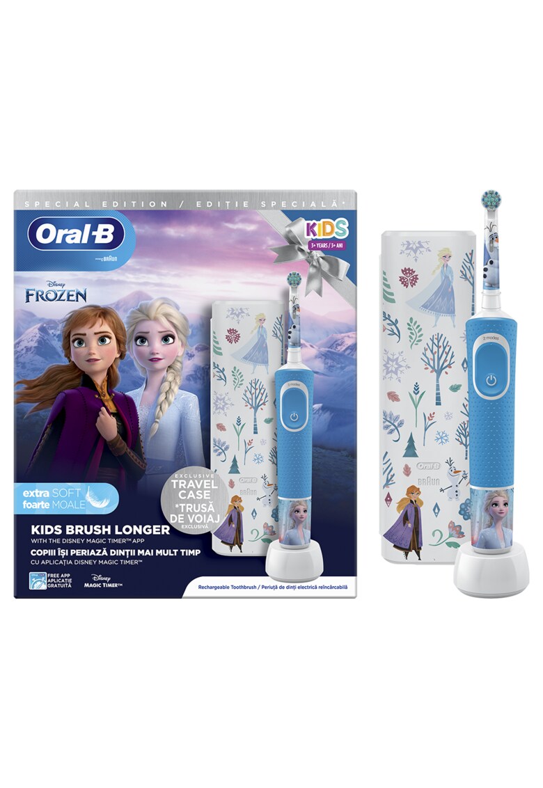 Periuta de dinti electrica Vitality Frozen pentru copii - Curatare 2D - 2 programe - 1 capat - 4 stickere incluse - Trusa de calatorie - Albastru