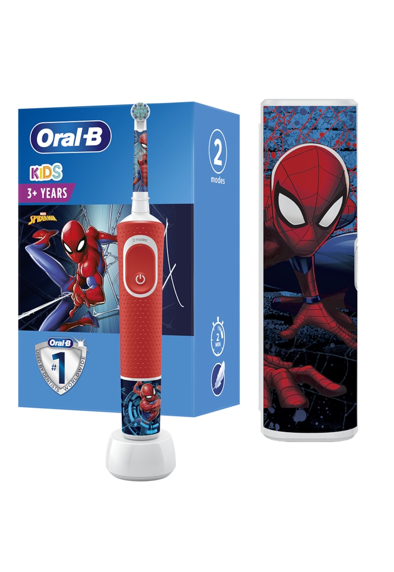 Periuta de dinti electrica Vitality Spiderman pentru copii - Curatare 2D - 2 programe - 1 capat - 4 stickere incluse - Trusa de calatorie - Albastru