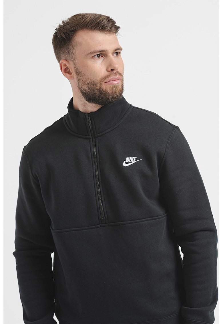 Bluza sport regular fit cu fermoar scurt si logo brodat discret - Negru -