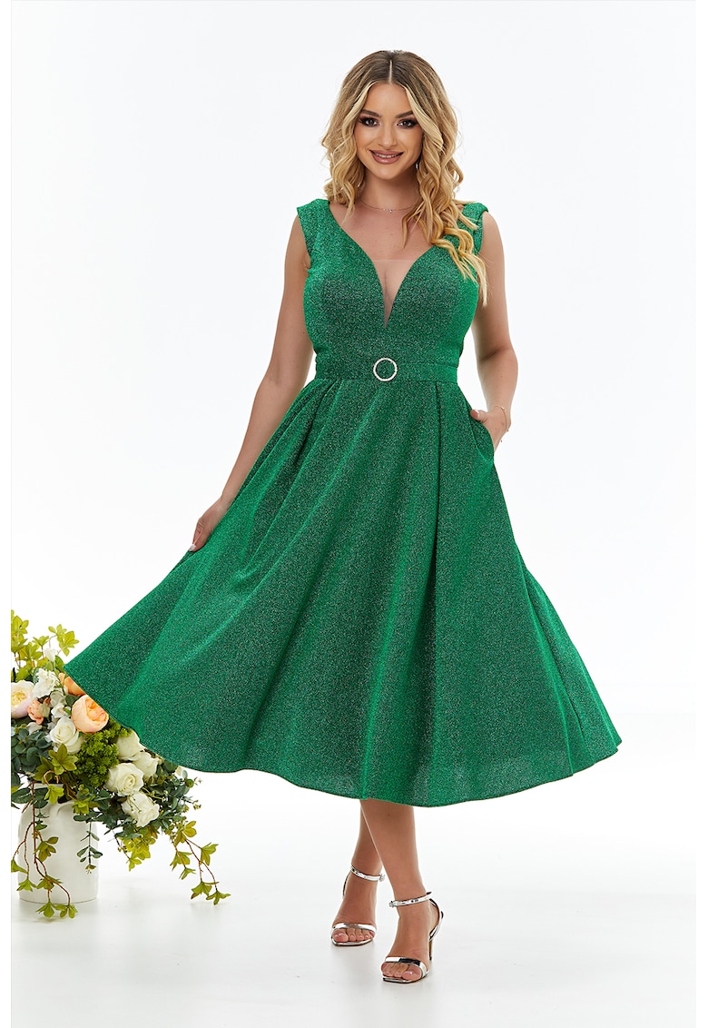 Rochie evazata stralucitoare cu decolteu adanc - Verde