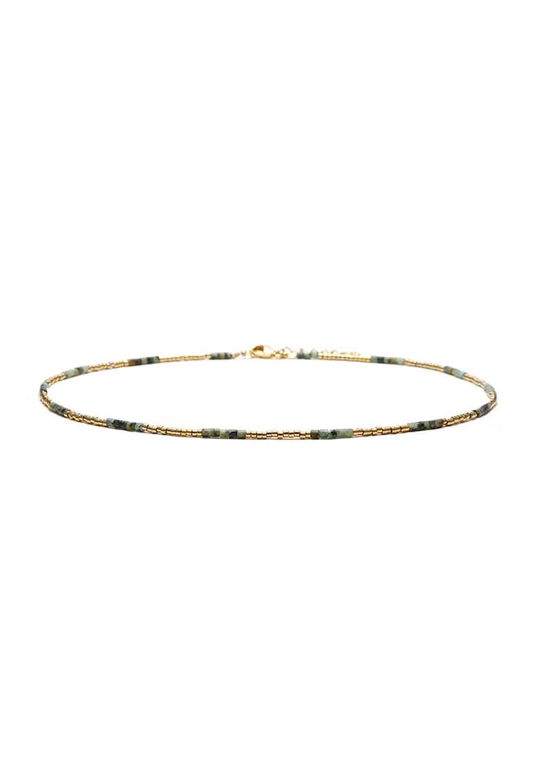 Colier choker placat cu aur 18 K - cu pietre naturale African si Sunstone Miyuki Seed - elegant Vania - 35 cu 4cm - Verde/Auriu