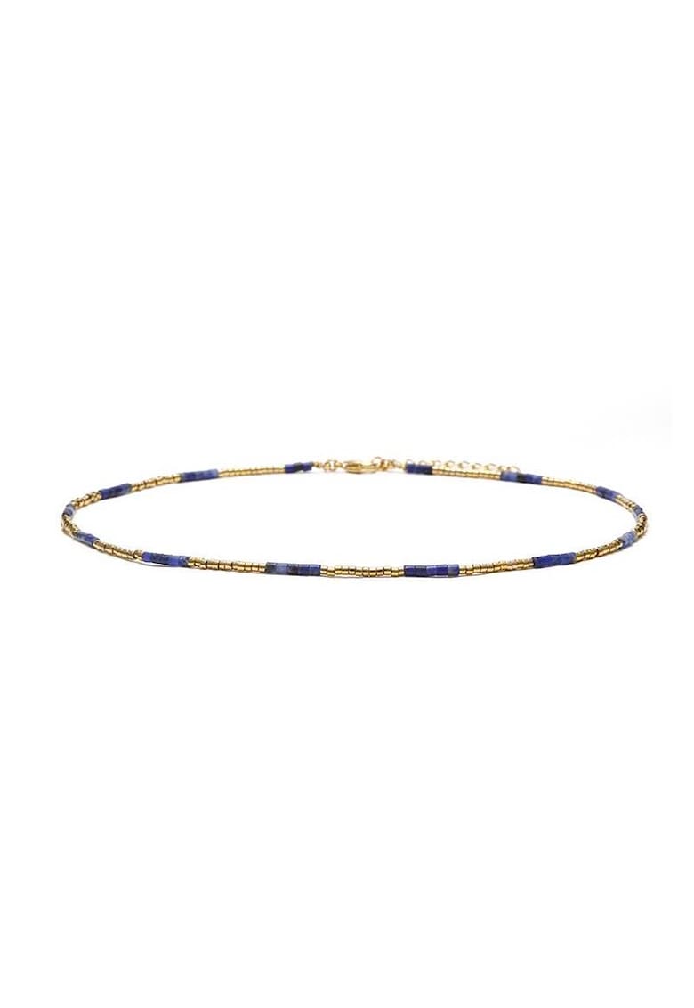 Colier choker placat cu aur 18 K - cu pietre naturale African si Sunstone Miyuki Seed - elegant Vania - 35 cu 4cm - Auriu/Albastru